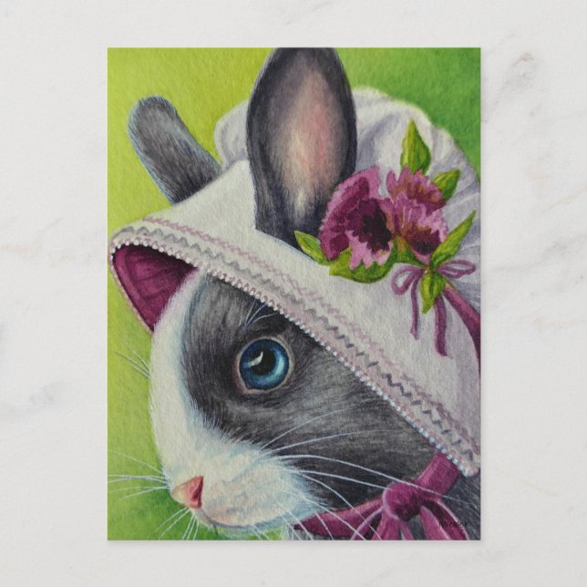 Black White Dutch Rabbit in Bonnet Watercolor Art Postcard (Front)