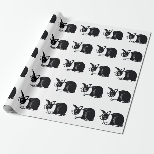 Black White Dutch Rabbits Pattern Wrapping Paper (Unrolled)