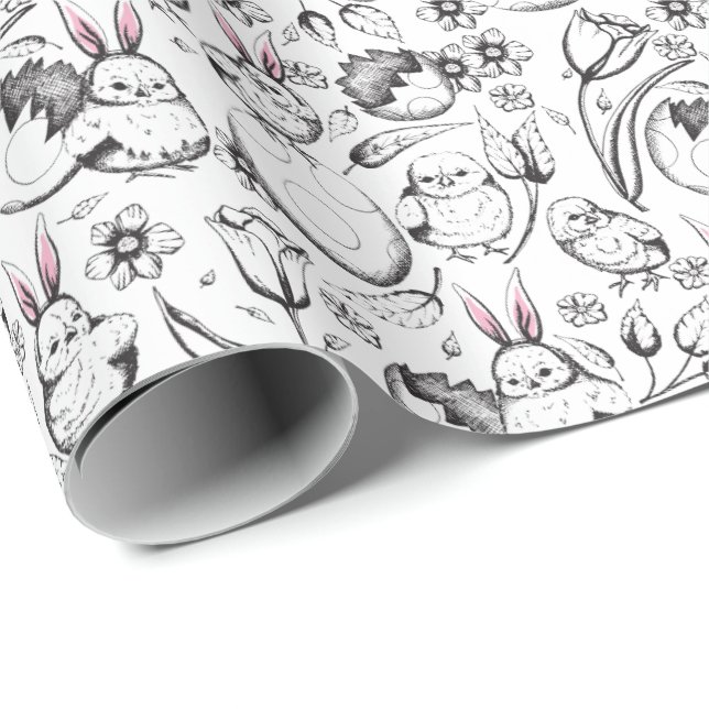 Black & White Easter Eggs, Chicks & Spring Flowers Wrapping Paper (Roll Corner)