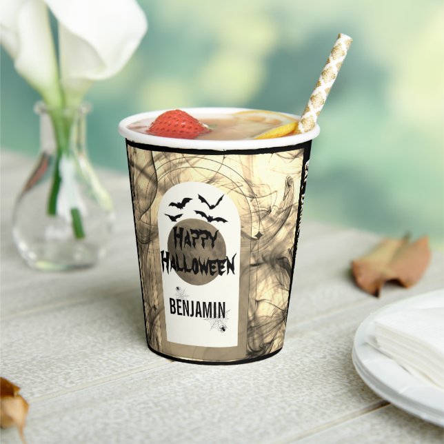 Black White Eat Drink and Be Scary Happy Halloween Paper Cups (Insitu)