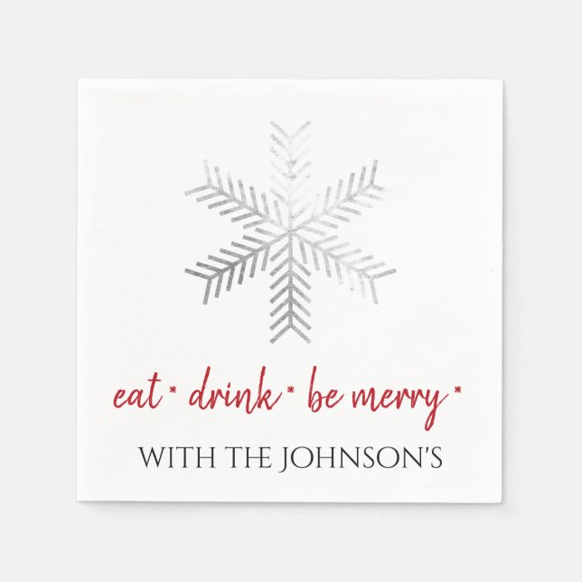 Black White Eat Drink Be Merry Red SilverSnowflake Napkin (Front)