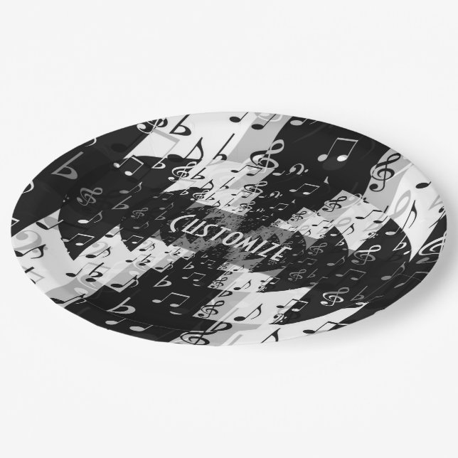 Black & White Echo Music Notes Paper Plate (Angled)