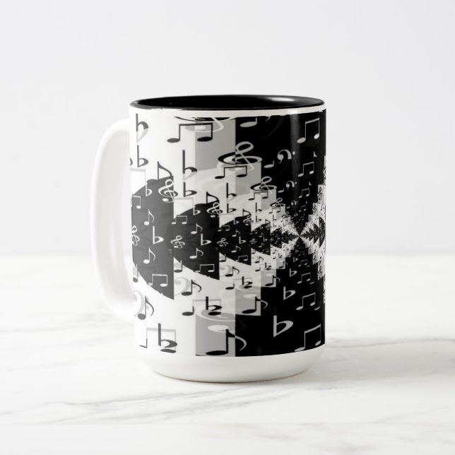 Black & White Echo Music Notes Two-Tone Coffee Mug (Front Left)