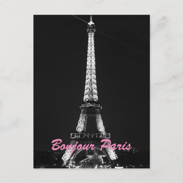 Black White Eiffel Tower Bonjour Paris Night Postcard (Front)