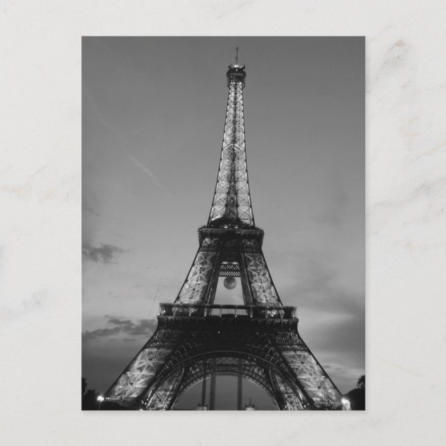 Black & White Eiffel Tower in Paris City Night Postcard (Front)