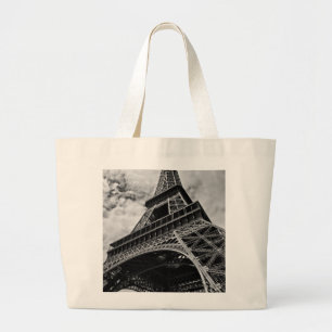 Black White Eiffel Tower Paris Europe Travel Large Tote Bag
