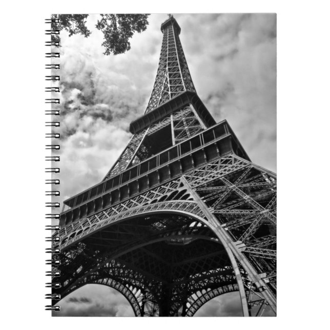 Black White Eiffel Tower Paris Europe Travel Notebook (Front)