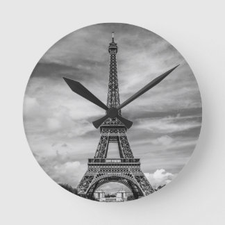 Black & White Eiffel Tower Paris France Round Clock