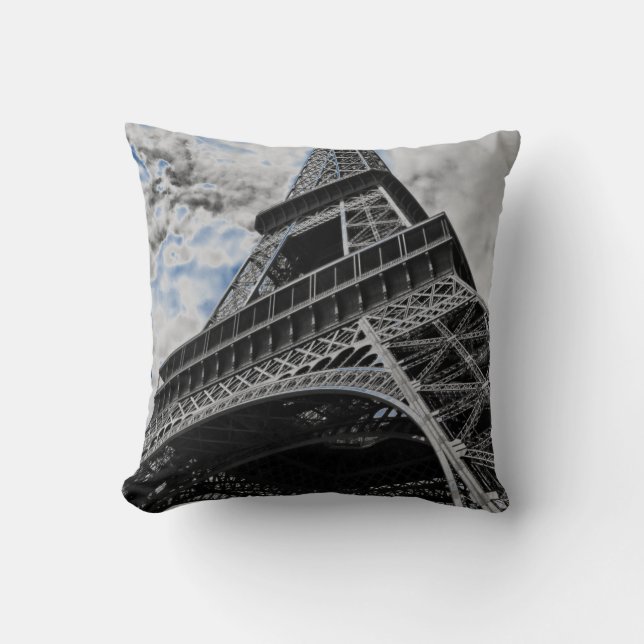 Black White Eiffel Tower Paris French Travel Throw Pillow (Front)