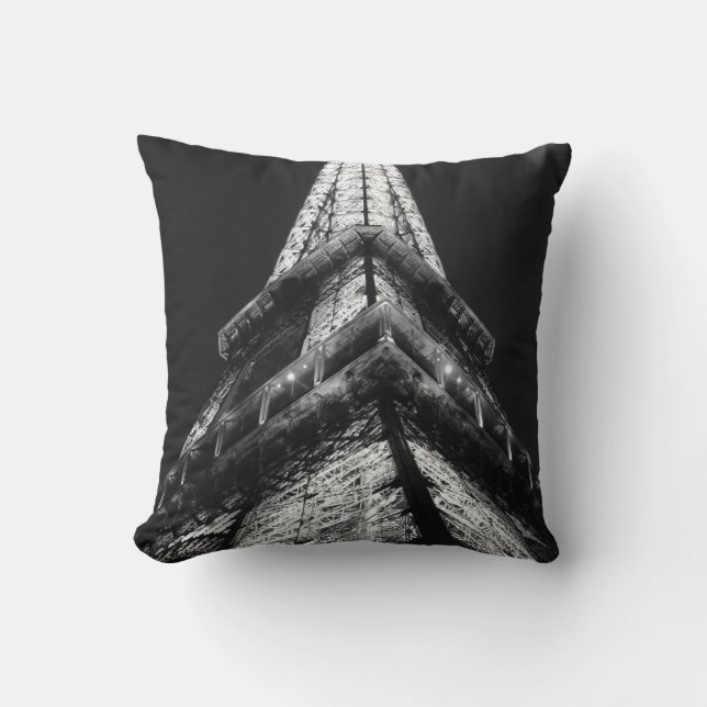 Black White Eiffel Tower Paris French Travel Throw Pillow (Front)