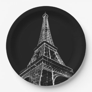 Black White Eiffel Tower Paris Travel Vintage Paper Plate