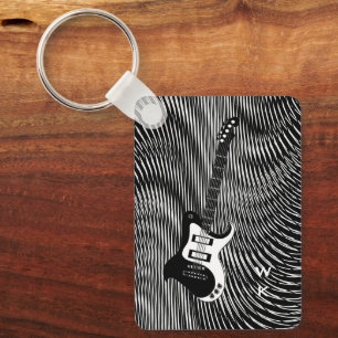 Black & White Electric Guitar trippy retro Pop Art Keychain