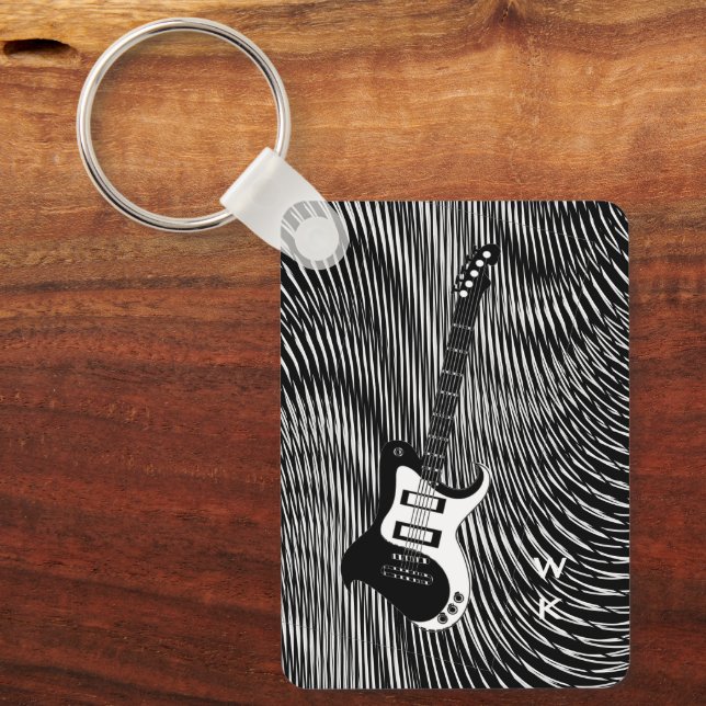 Black & White Electric Guitar trippy retro Pop Art Keychain (Front)