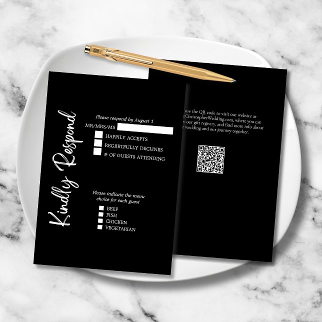 Black White Elegant Bold Script Wedding Formal RSVP Card (Black and White Elegant Kindly Respond Wedding RSVP Card with Menu Selections, QR Code, Website.)