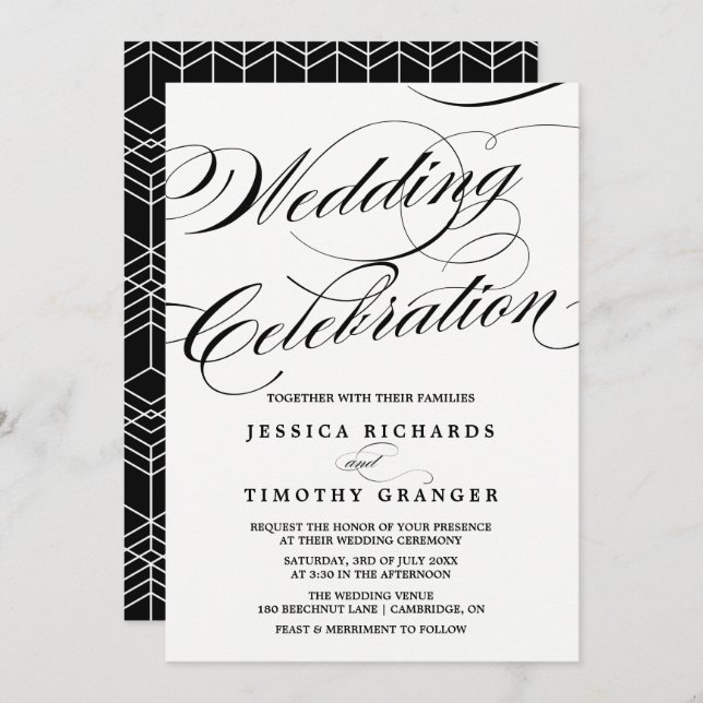 Black & White Elegant Calligraphy Script Wedding Invitation (Front/Back)