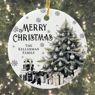 Black White Elegant Christmas Tree Ceramic Ornament