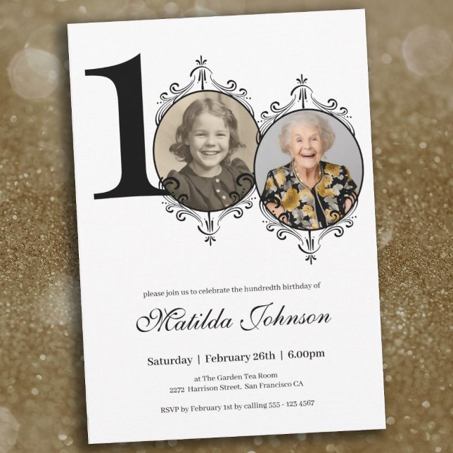 Black White Elegant Custom Photo 100th Birthday  Invitation (100th Birthday Black White Elegant Custom Photo Invitation)
