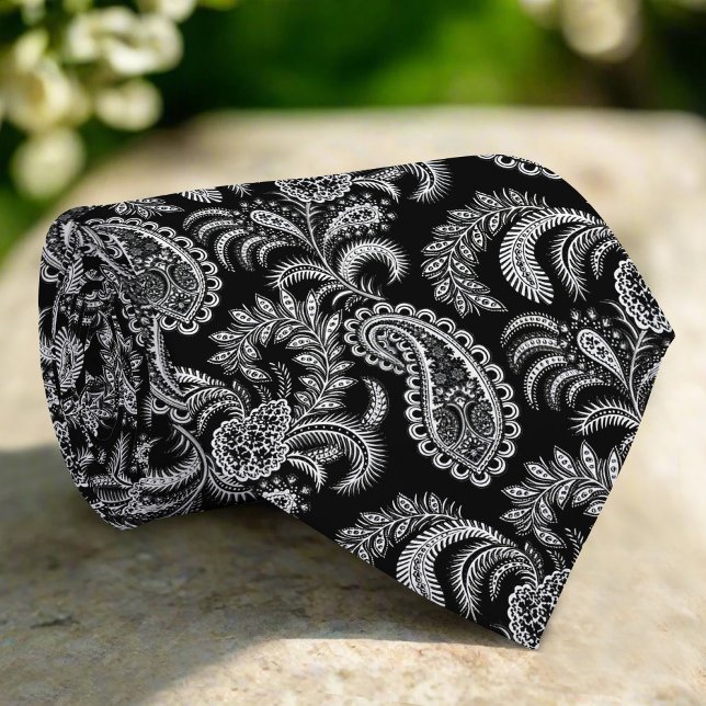Black & White Elegant Damask Floral Pattern Tie (Creator Uploaded)