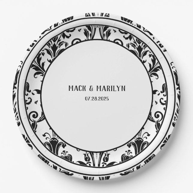 Black & White Elegant Floral Damask Wedding Dinner Paper Plate (Front)