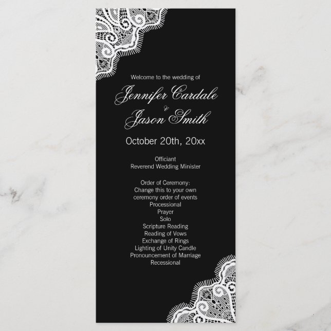 Black White Elegant Lace Vertical Wedding Programs (Front)