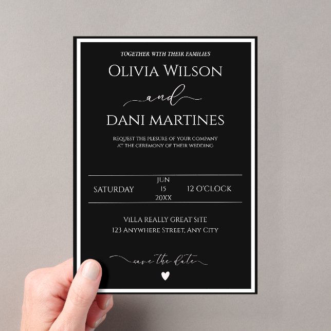 Black & White Elegant Minimalist Wedding Acrylic Invitations (Insitu (Handheld))