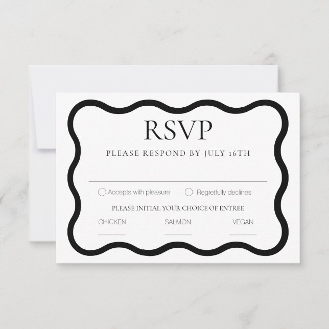 Black & White Elegant Modern Minimal Wavy Frame RSVP Card (Front)