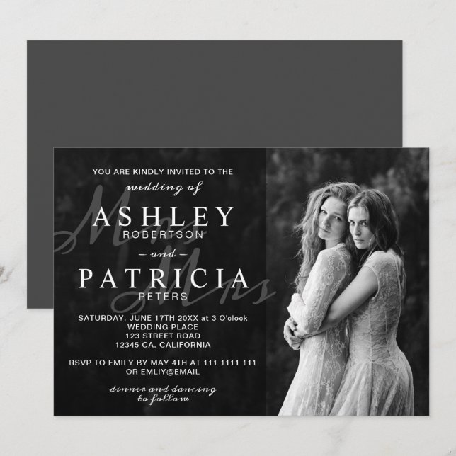 black white elegant modern photo chic wedding invitation (Front/Back)