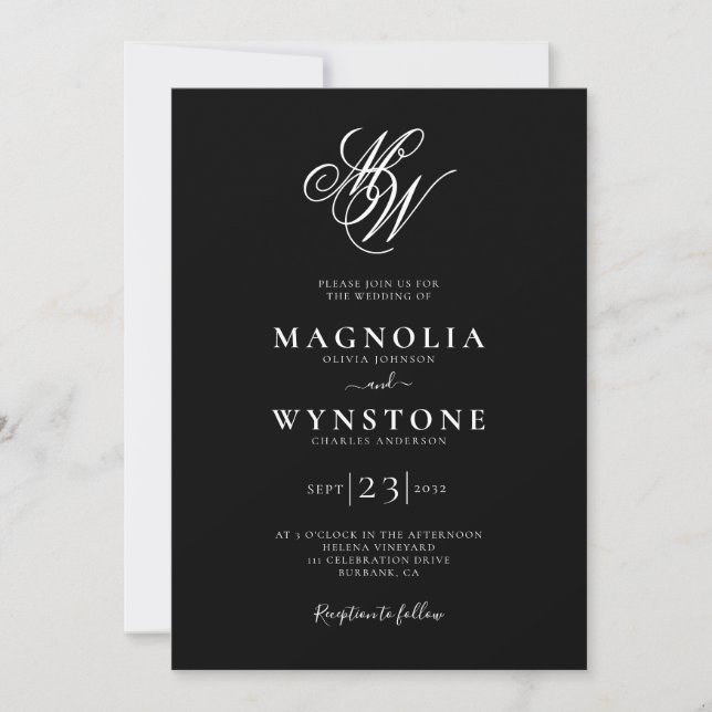 Black White Elegant Monogram Wedding Invitation (Front)