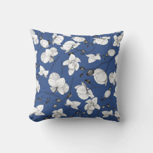 Black & white elegant orchid floral modern blue throw pillow