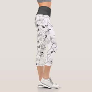 Black & white elegant orchid floral modern capri leggings