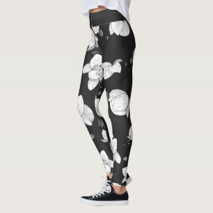 Black & white elegant orchid floral modern leggings