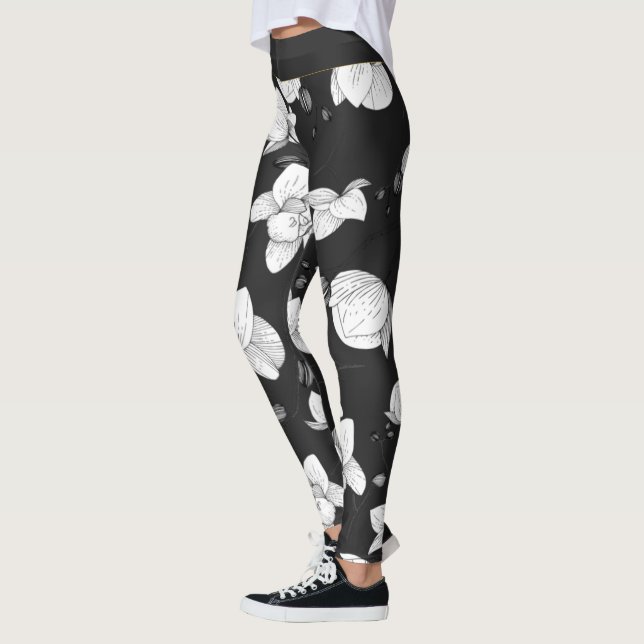 Black & white elegant orchid floral modern leggings (Left)