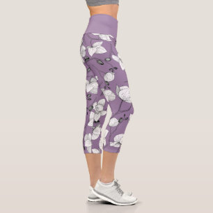 Black & white elegant orchid floral modern lilac capri leggings