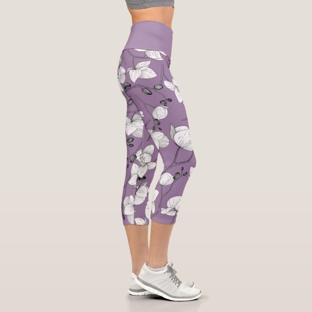 Black & white elegant orchid floral modern lilac capri leggings (Right)