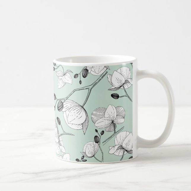 Black & white elegant orchid floral modern mint coffee mug (Right)