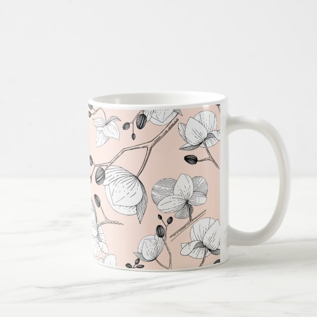 Black & white elegant orchid floral modern pink coffee mug (Right)