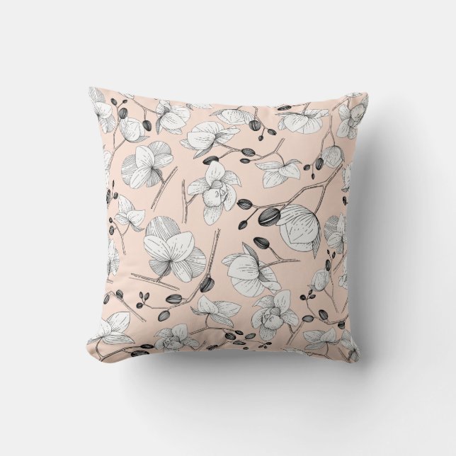 Black & white elegant orchid floral modern pink throw pillow (Front)