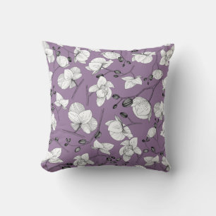 Black & white elegant orchid floral modern purple throw pillow