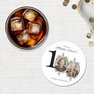 Black White Elegant Photo 100th Birthday Party Round Paper Coaster