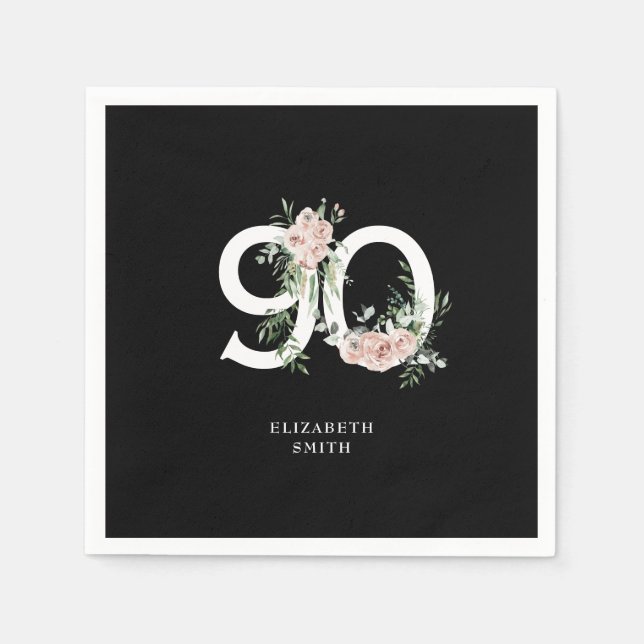 Black & White Elegant Pink Rose 90th Birthday Napkin (Front)