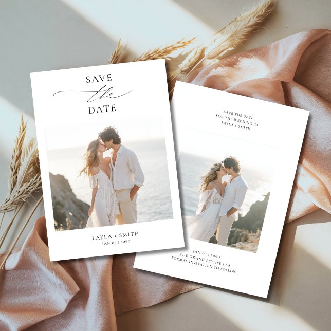 Black & White Elegant Script 2 Photo Beach Wedding Save The Date (Creator Uploaded)