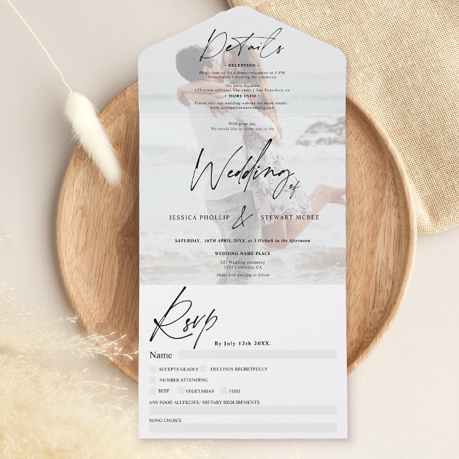 Black white elegant script modern photo wedding all in one invitation (Creator Uploaded)