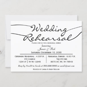 black white Elegant Script Rehearsal Dinner Invite