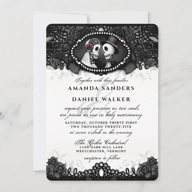 Black White Elegant Skeletons-Together-RECEPTION I Invitation (Front)