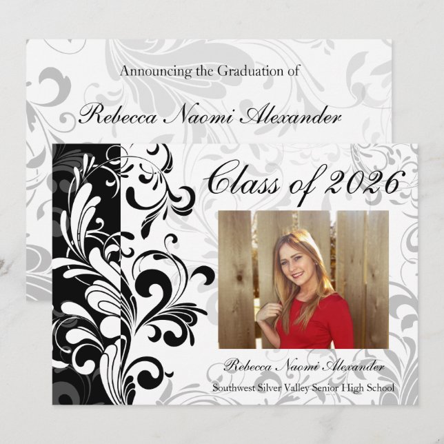 Black White Elegant Swirl Photo 2025 Graduation Invitation (Front/Back)
