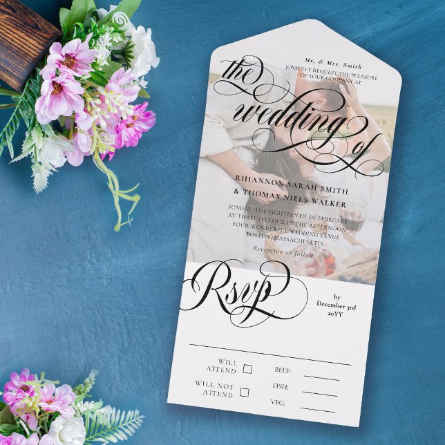 Black & White Elegant Swirls Photo Wedding All In One Invitation (Creator Uploaded)