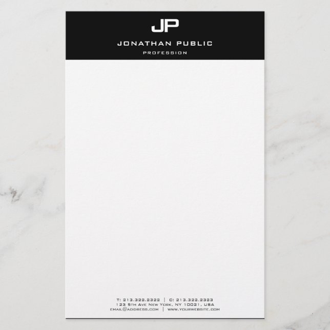 Black White Elegant Template Personalized Modern Stationery (Front)