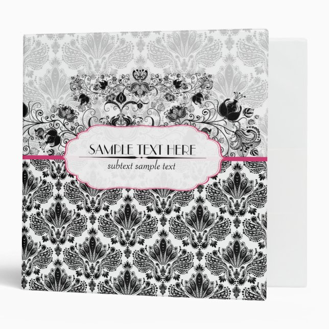 Black & White Elegant Vintage Floral Damask Binder (Front/Inside)