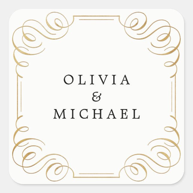 Black white elegant vintage flourish calligraphy square sticker (Front)