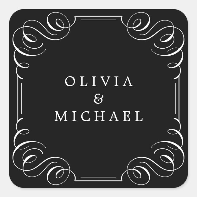 Black white elegant vintage flourish calligraphy square sticker (Front)